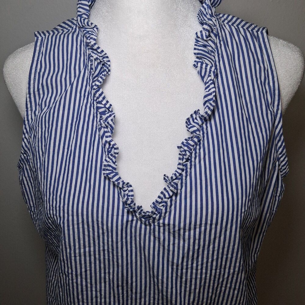 Pomander 100% Cotton Stripes Womens S Ruffle Collar Coastal Resort Summer Beach - Picture 2 of 9